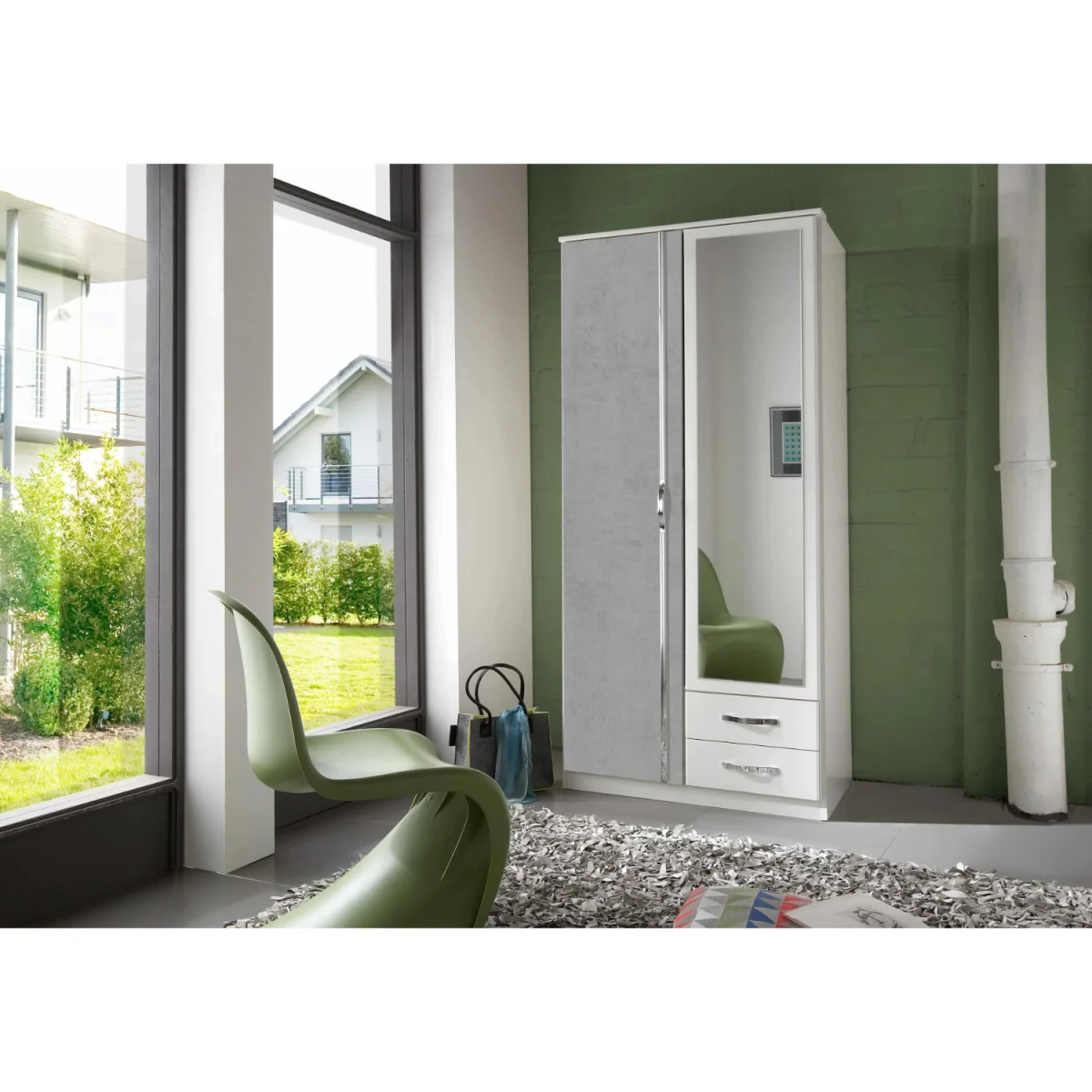 Duo Matt White and Grey 2 Door 90cm Wardrobe with Mirror - White – image 3