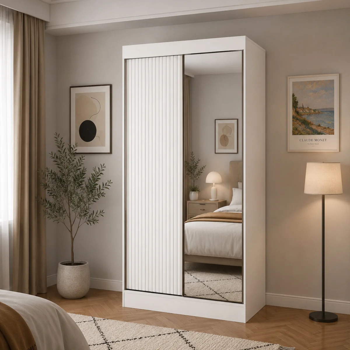 Berlin 100cm White Sliding Door Wardrobe with Shelves and Hanging Rail - White – image 2