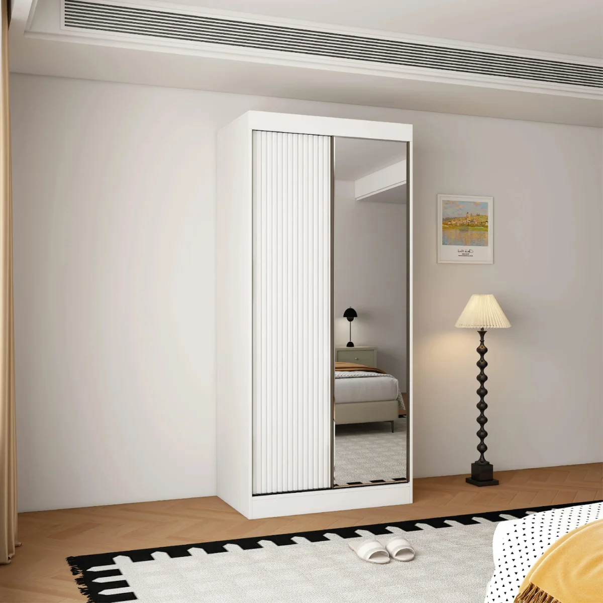 Berlin 100cm White Sliding Door Wardrobe with Shelves and Hanging Rail - White – image 3