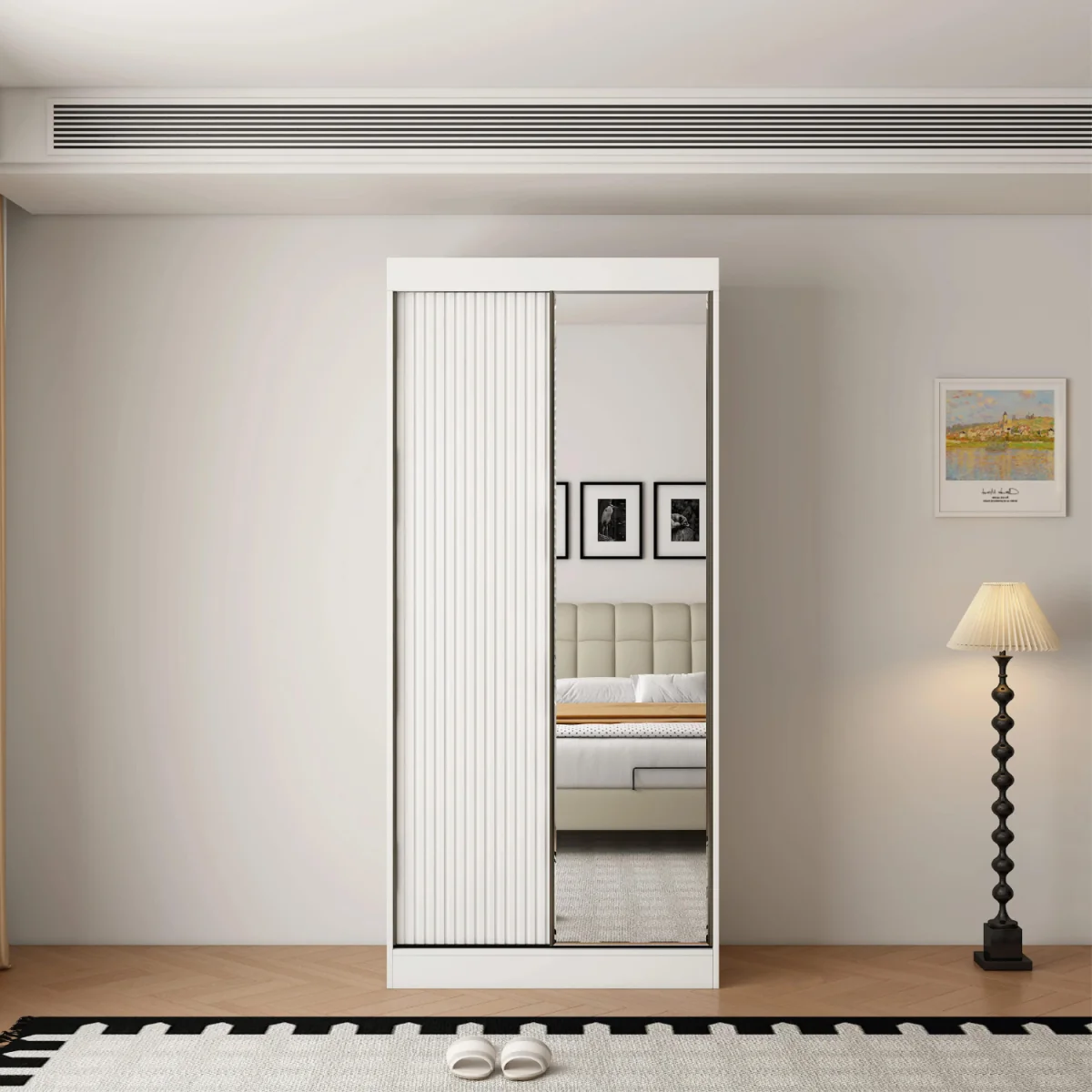 Berlin 100cm White Sliding Door Wardrobe with Shelves and Hanging Rail - White – image 4