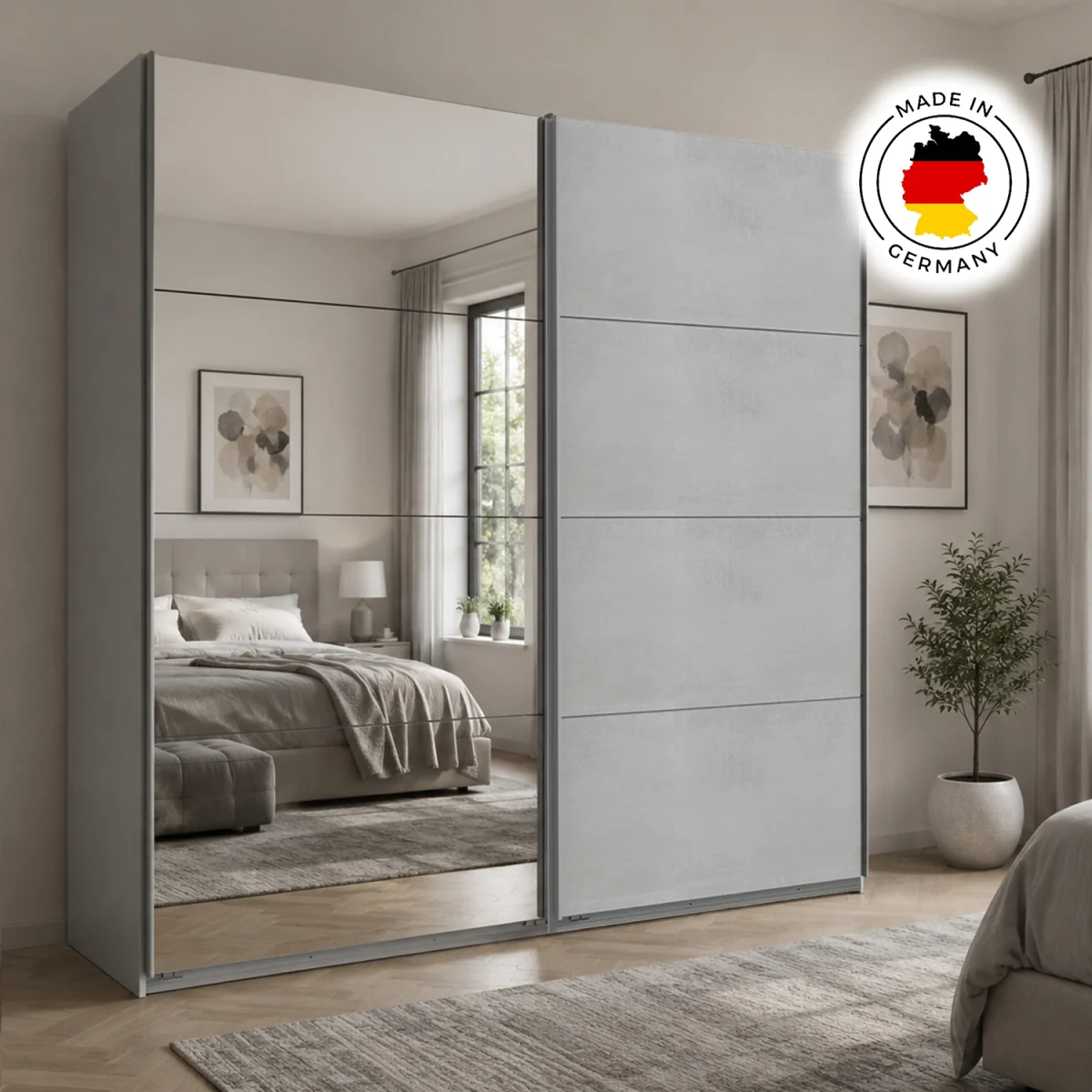 Ernie 225cm 2 Door Sliding Wardrobe in White and Concrete Grey - White – image 4