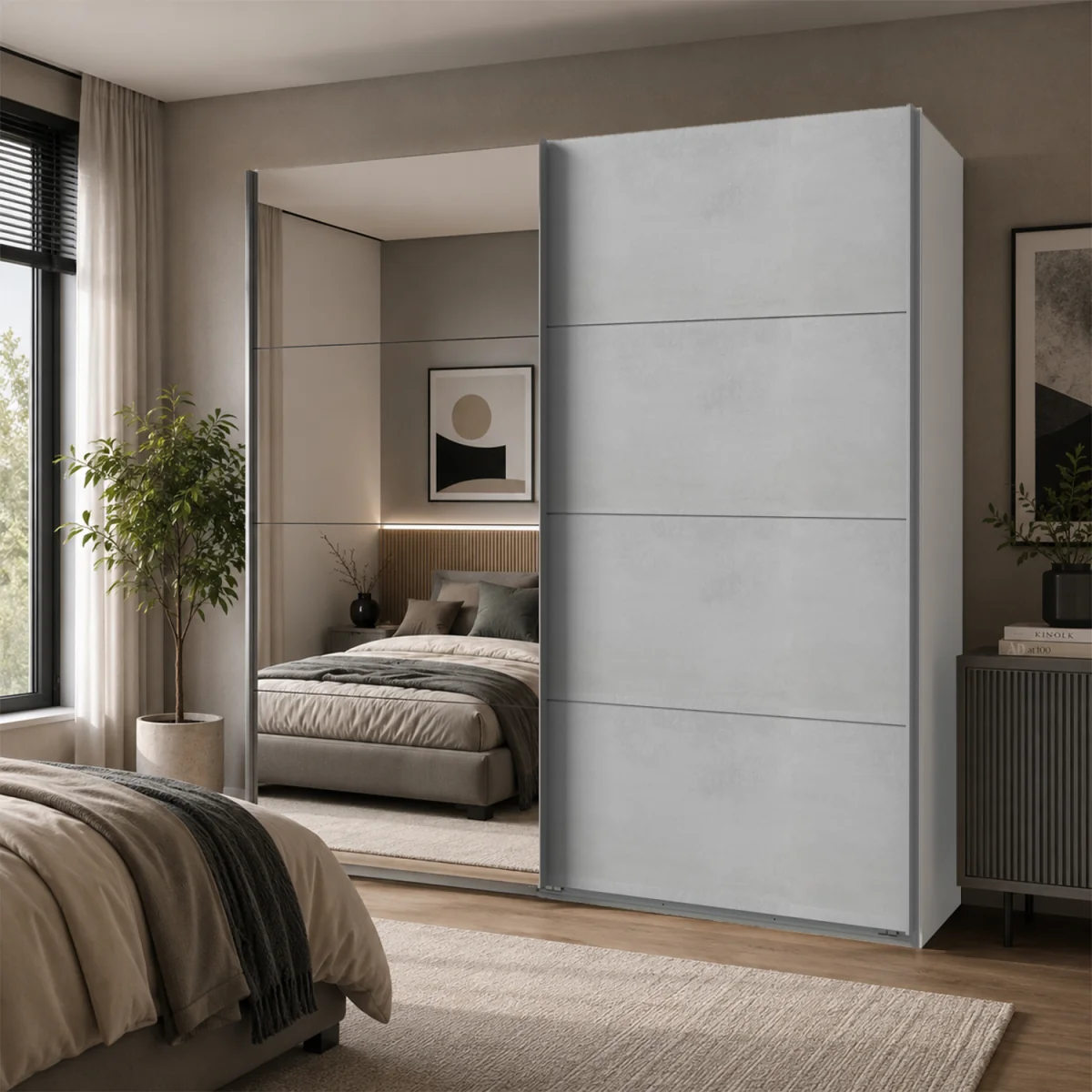Ernie 225cm 2 Door Sliding Wardrobe in White and Concrete Grey - White – image 1