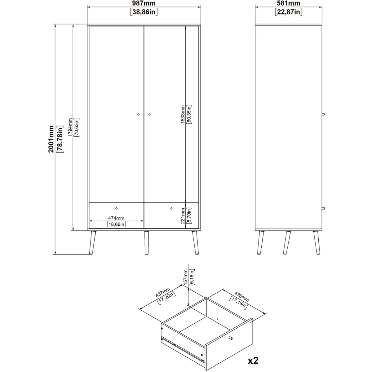 Cumbria Wardrobe 2 Doors 2 Drawers - White – image 8