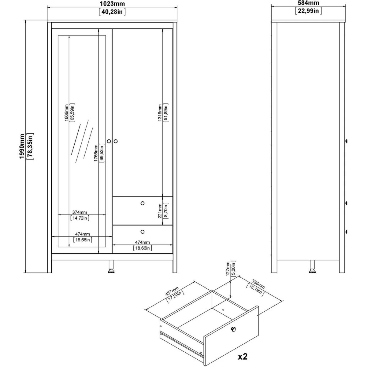 Wildberry Matt 2 Door Wardrobe with Mirror and 2 Drawers - Matt White – image 9