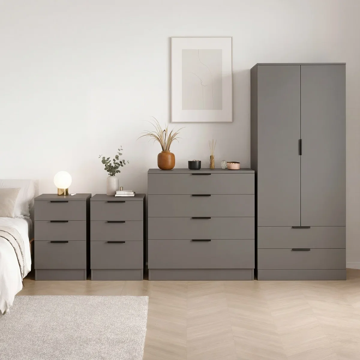Vida Designs Trega 4 Piece Bedroom Set (3 Drawer Bedside x2, 4 Drawer Chest, 2+2 Drawer Wardrobe) - Black – image 2