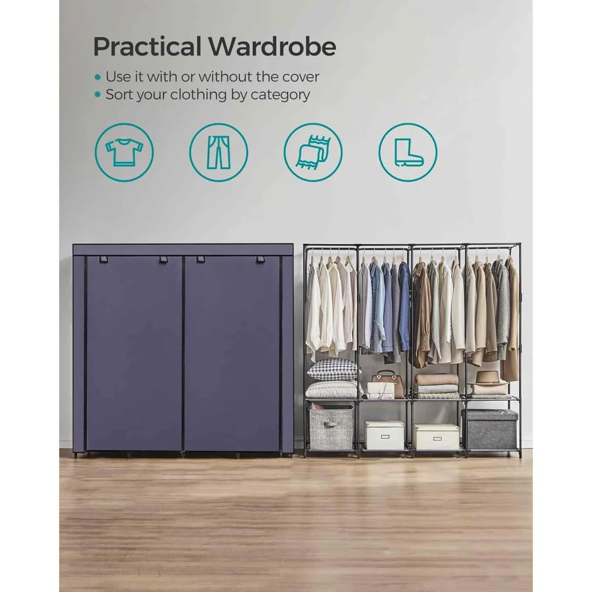 Portable Clothes Closet with 4 Hanging Rails, Storage Shelves and Side Pockets, Dark Blue - Dark Blue – image 4