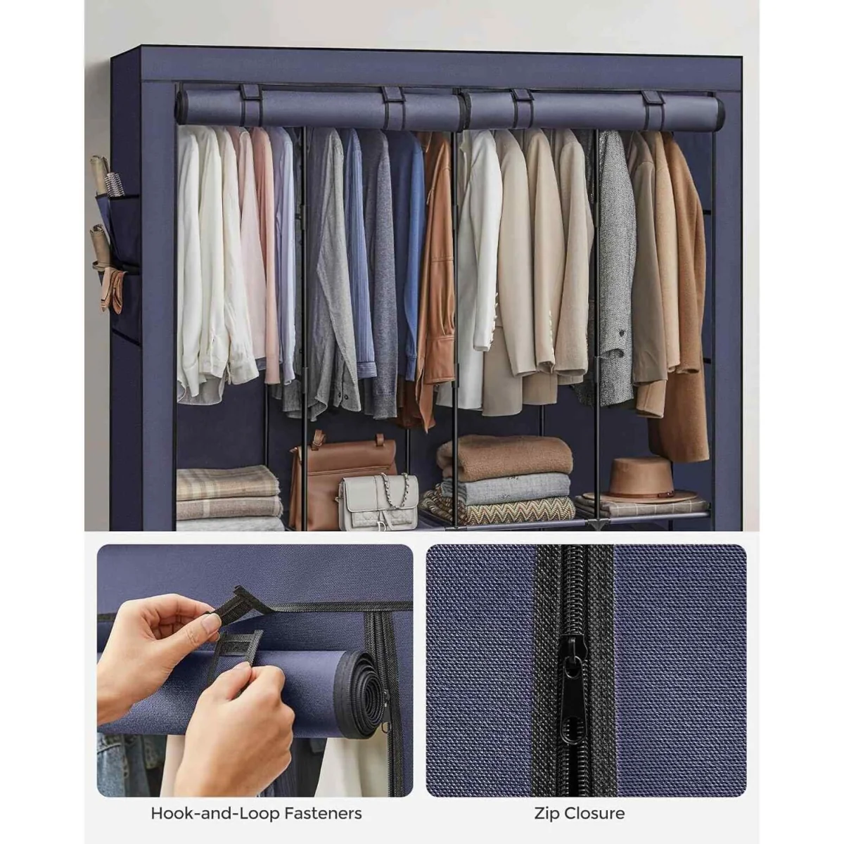 Portable Clothes Closet with 4 Hanging Rails, Storage Shelves and Side Pockets, Dark Blue - Dark Blue – image 8