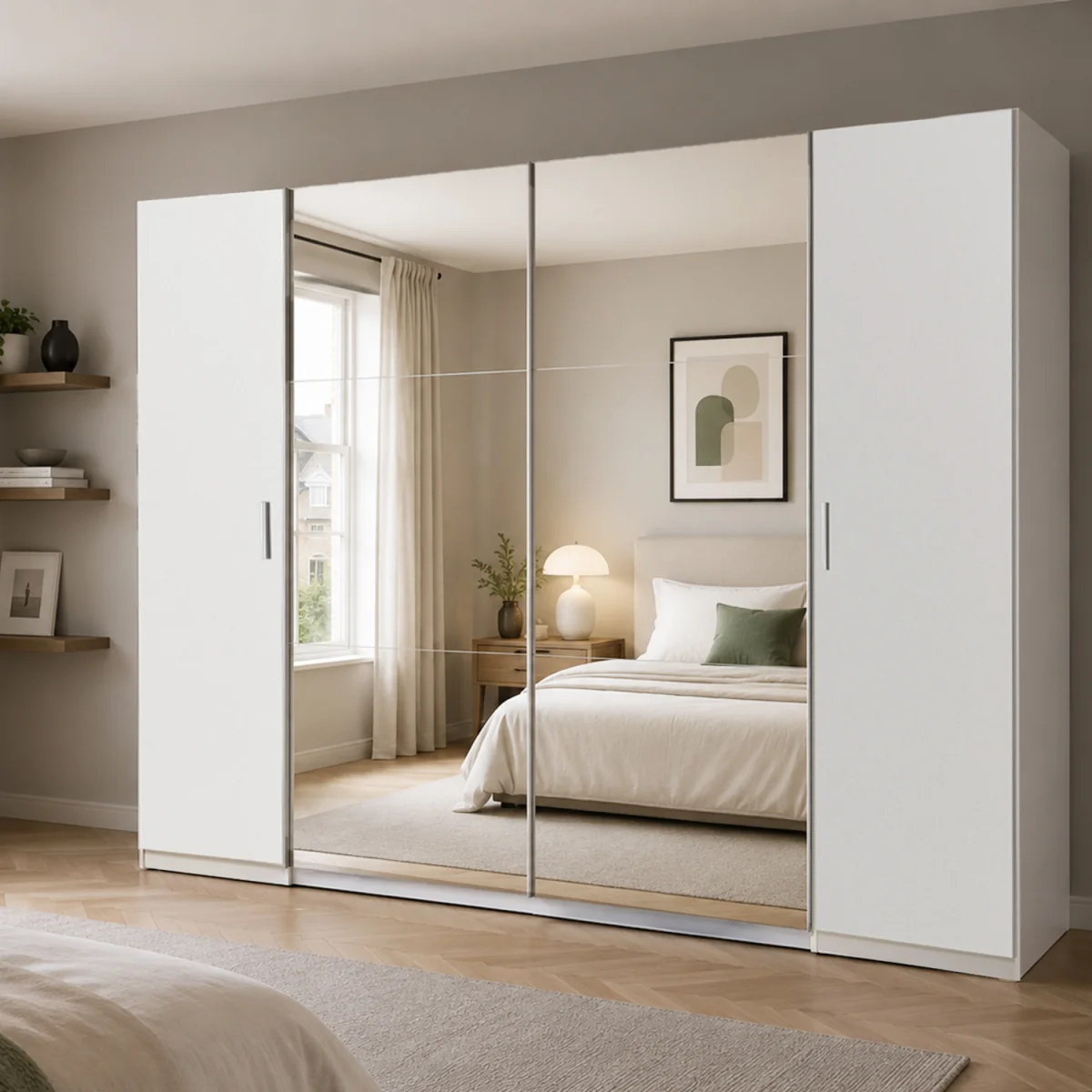 Lotto 315cm 4 Door Mirrored Sliding Wardrobe in Matt White - White – image 1