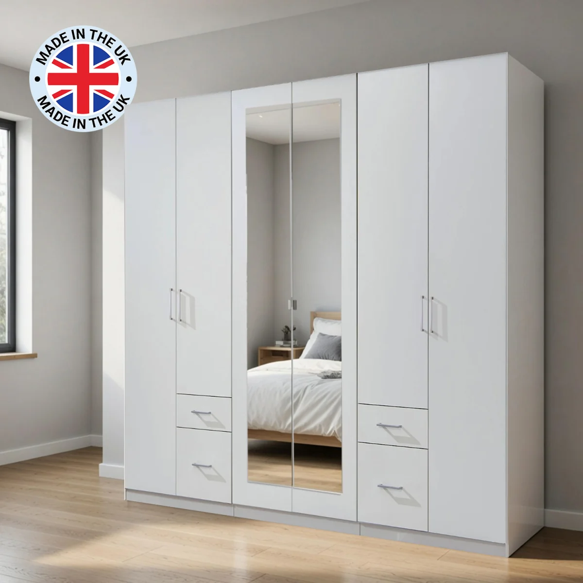 Fly White 6 Door 270cm Wardrobe with Mirror and 4 Drawers - White – image 4