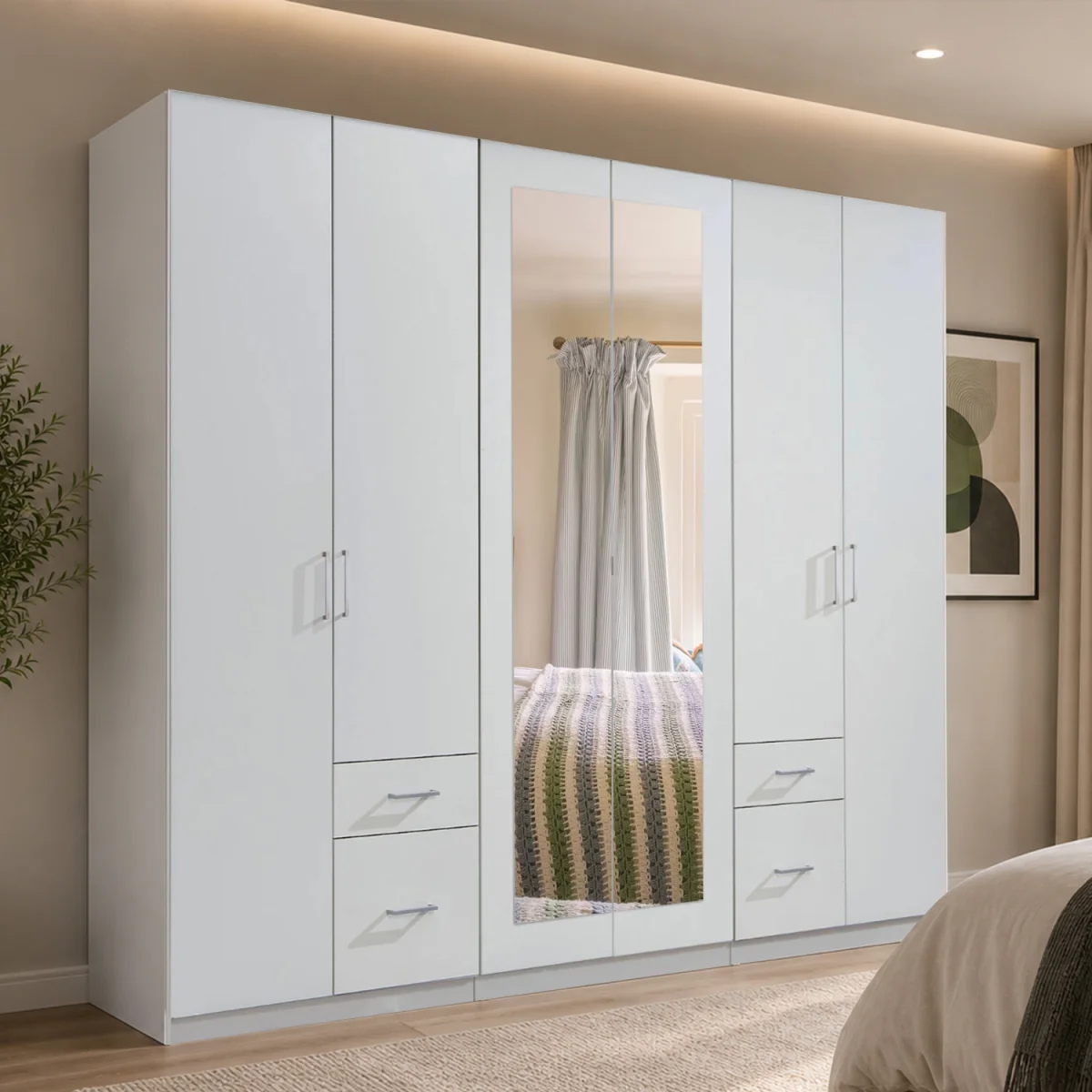 Fly White 6 Door 270cm Wardrobe with Mirror and 4 Drawers - White – image 1