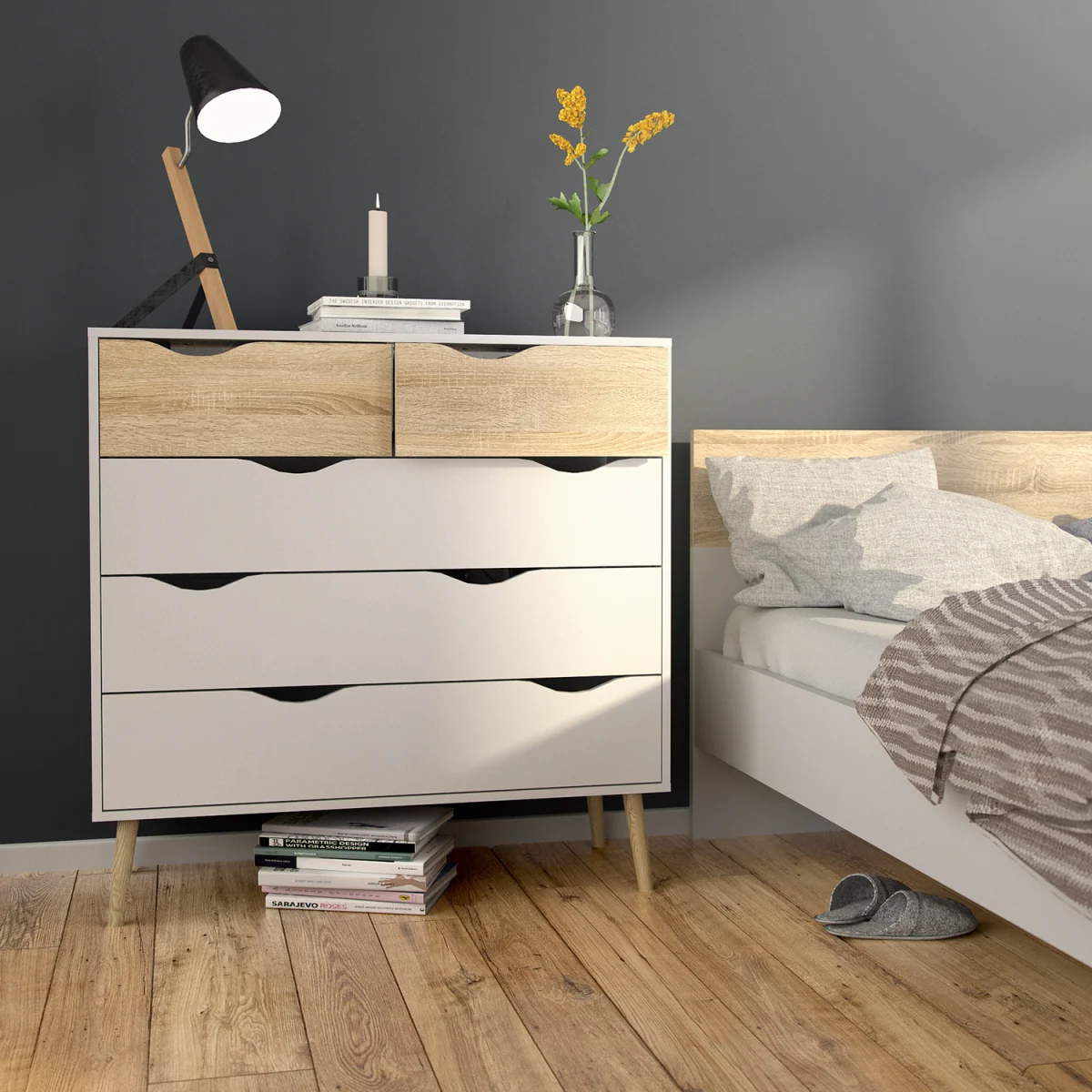 Oslo Package Bedside, Chest & Wardrobe White/Oak - White & Oak – image 2