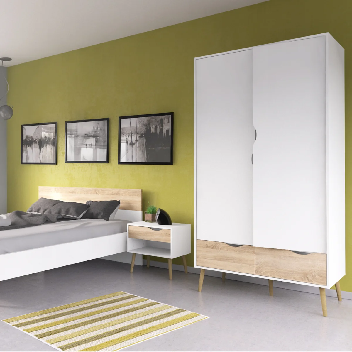 Oslo Package Bedside, Chest & Wardrobe White/Oak - White & Oak – image 6
