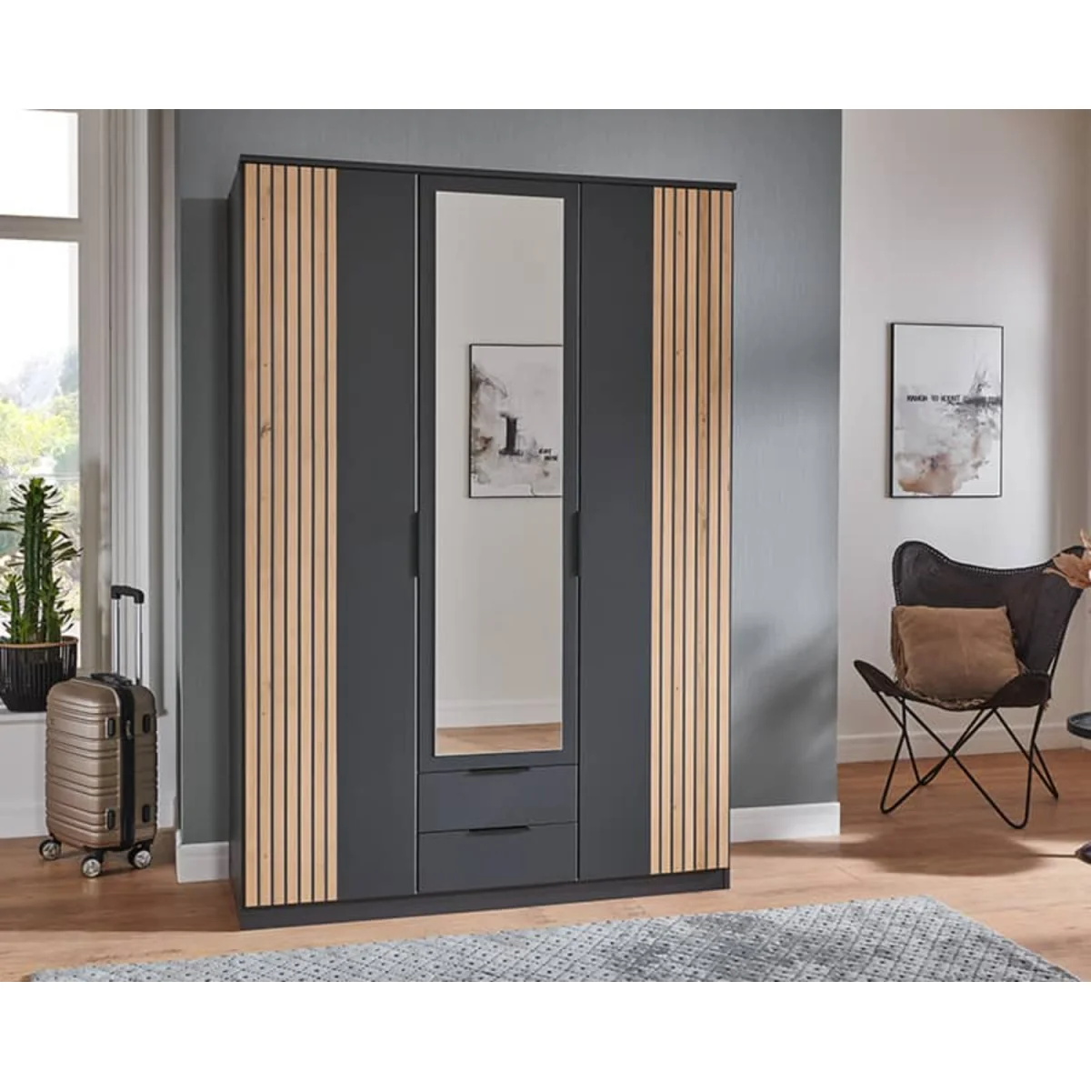 Nameer 3 Door 135cm Wardrobe with Mirror Drawer in Graphite and Oak Slat Effect - Grey – image 2