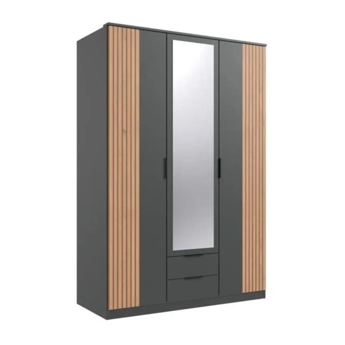 Nameer 3 Door 135cm Wardrobe with Mirror Drawer in Graphite and Oak Slat Effect - Grey – image 3