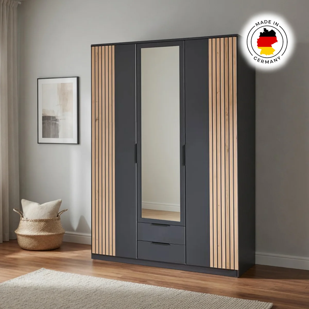 Nameer 3 Door 135cm Wardrobe with Mirror Drawer in Graphite and Oak Slat Effect - Grey – image 5