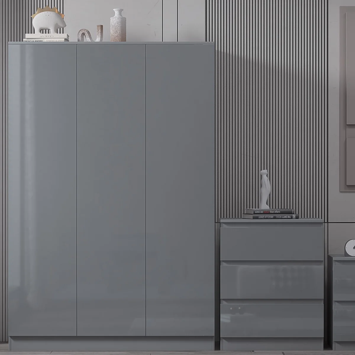 FWStyle Grey Gloss 3 Door Wardrobe Scandinavian Style Push to Open - Grey Gloss – image 2