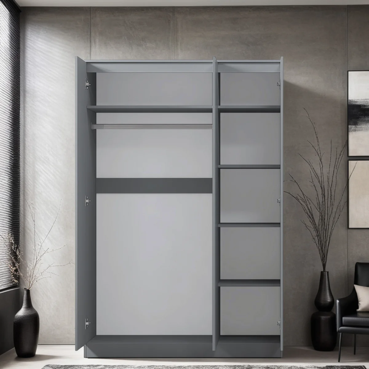 FWStyle Grey Gloss 3 Door Wardrobe Scandinavian Style Push to Open - Grey Gloss – image 3