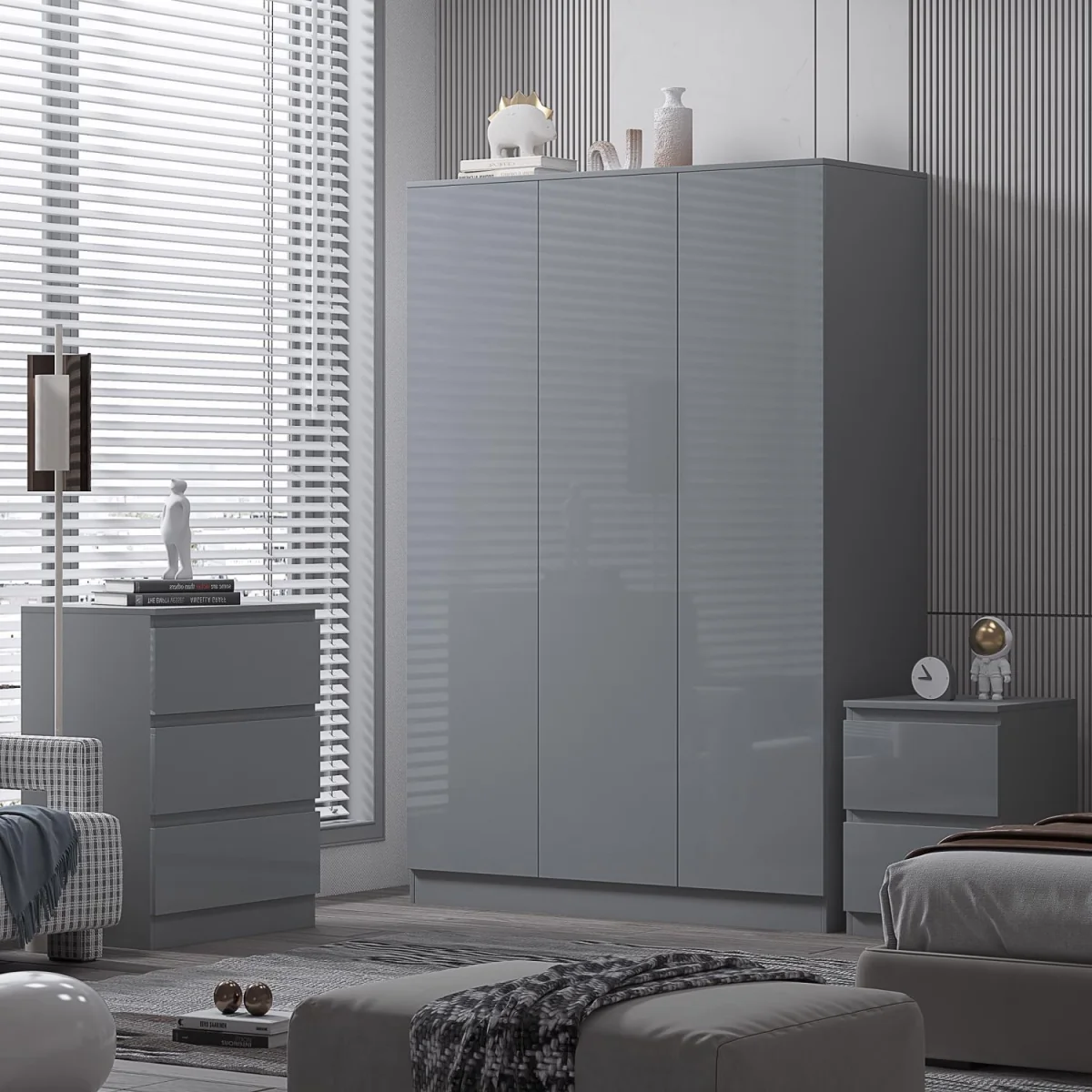 FWStyle Grey Gloss 3 Door Wardrobe Scandinavian Style Push to Open - Grey Gloss – image 1