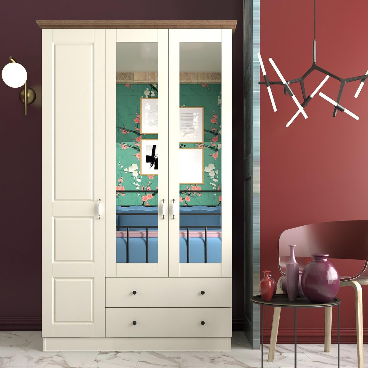 ASHTON 3 Door 2 Drawer Mirrored Wardrobe, White - White – image 2