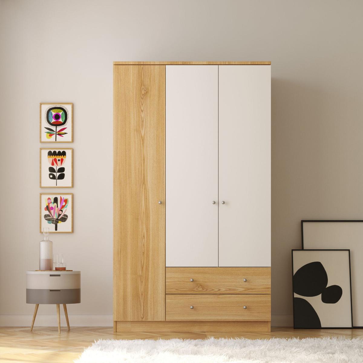 SAPPHIRE 3 Door 2 Drawer Wardrobe, Oak-White - Oak-White – image 2