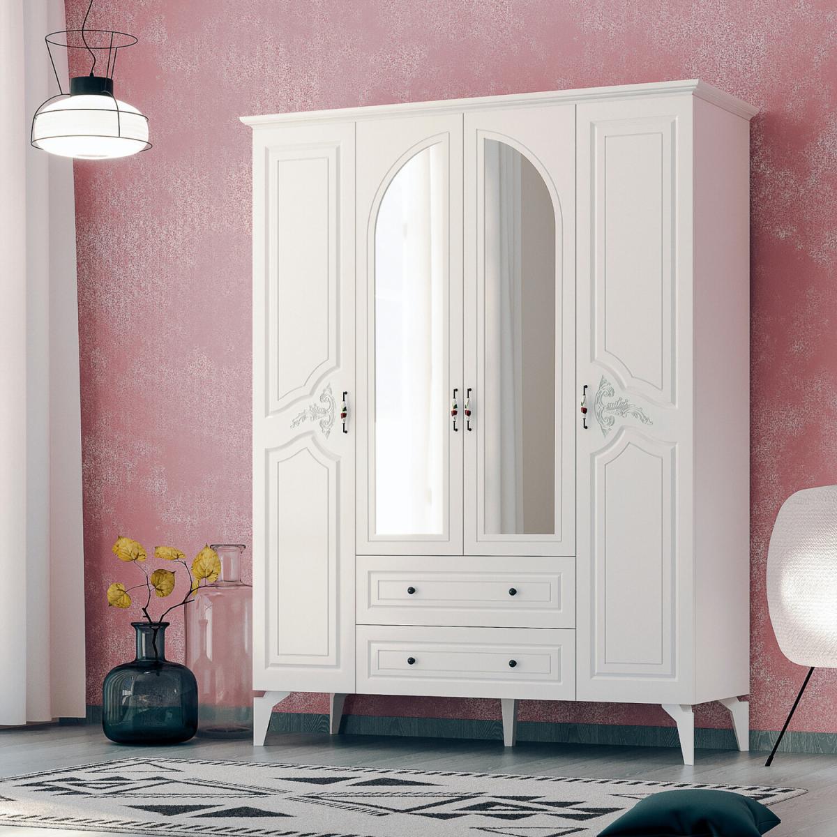 CLARA Plus 4 Door 2 Drawer Mirrored Wardrobe, White - White – image 3