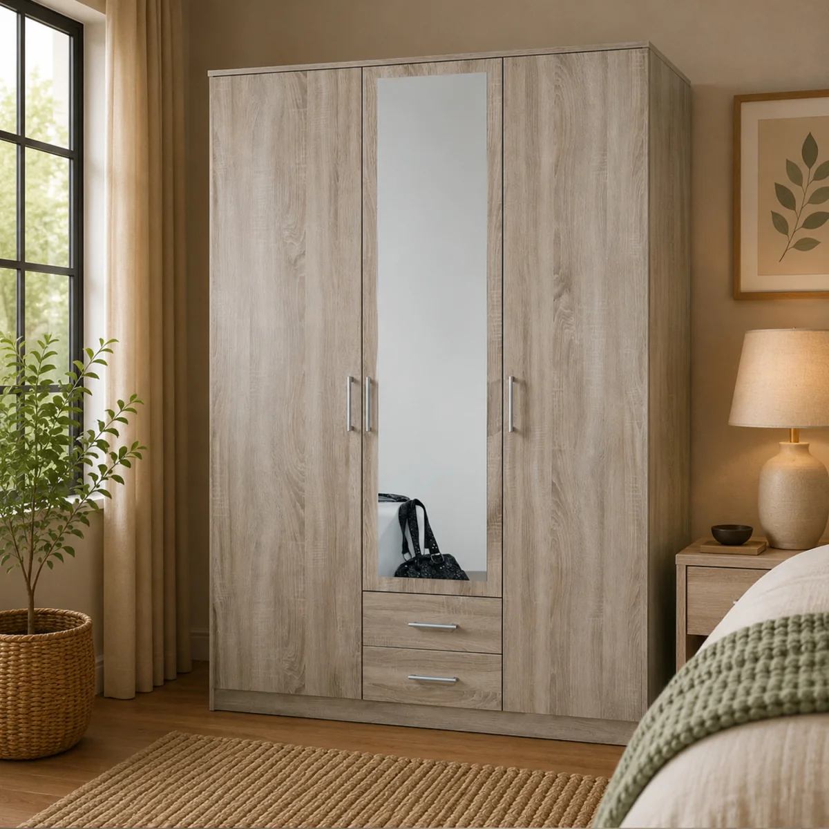 Osaka Oak 3 Door 135cm Wardrobe with Mirror and 2 Drawers - Oak – image 1