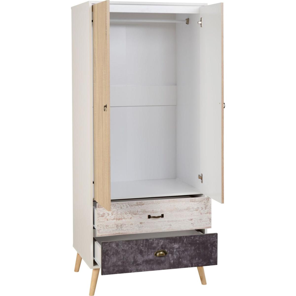 Nordic 2 Door 2 Drawer Wardrobe - White, Distressed Effect – image 6