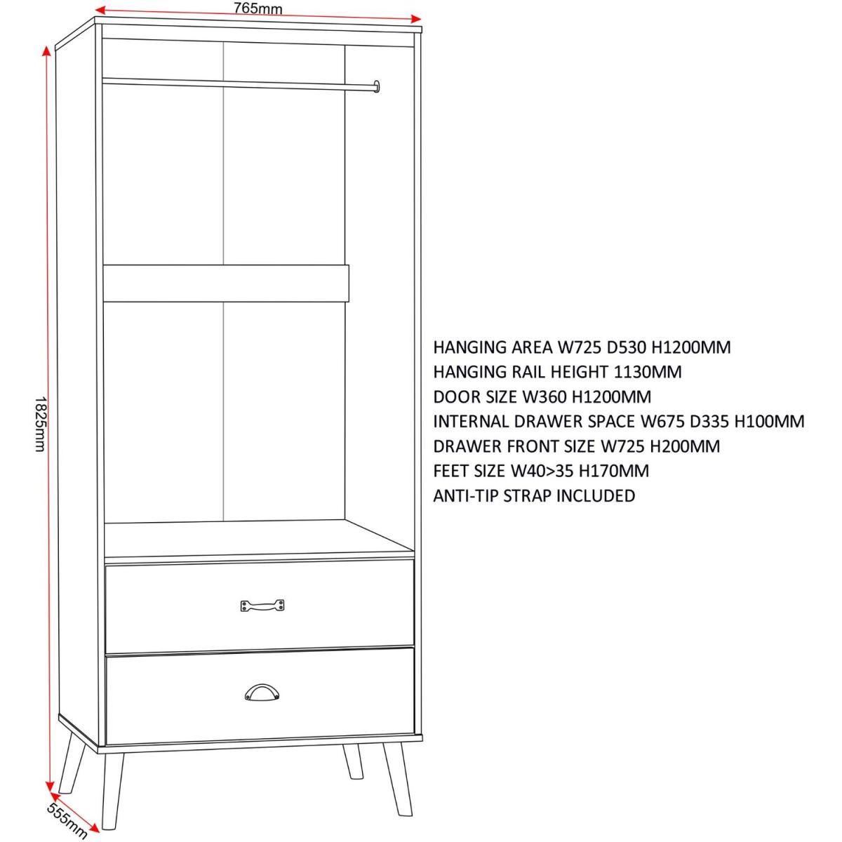 Nordic 2 Door 2 Drawer Wardrobe - White, Distressed Effect – image 7