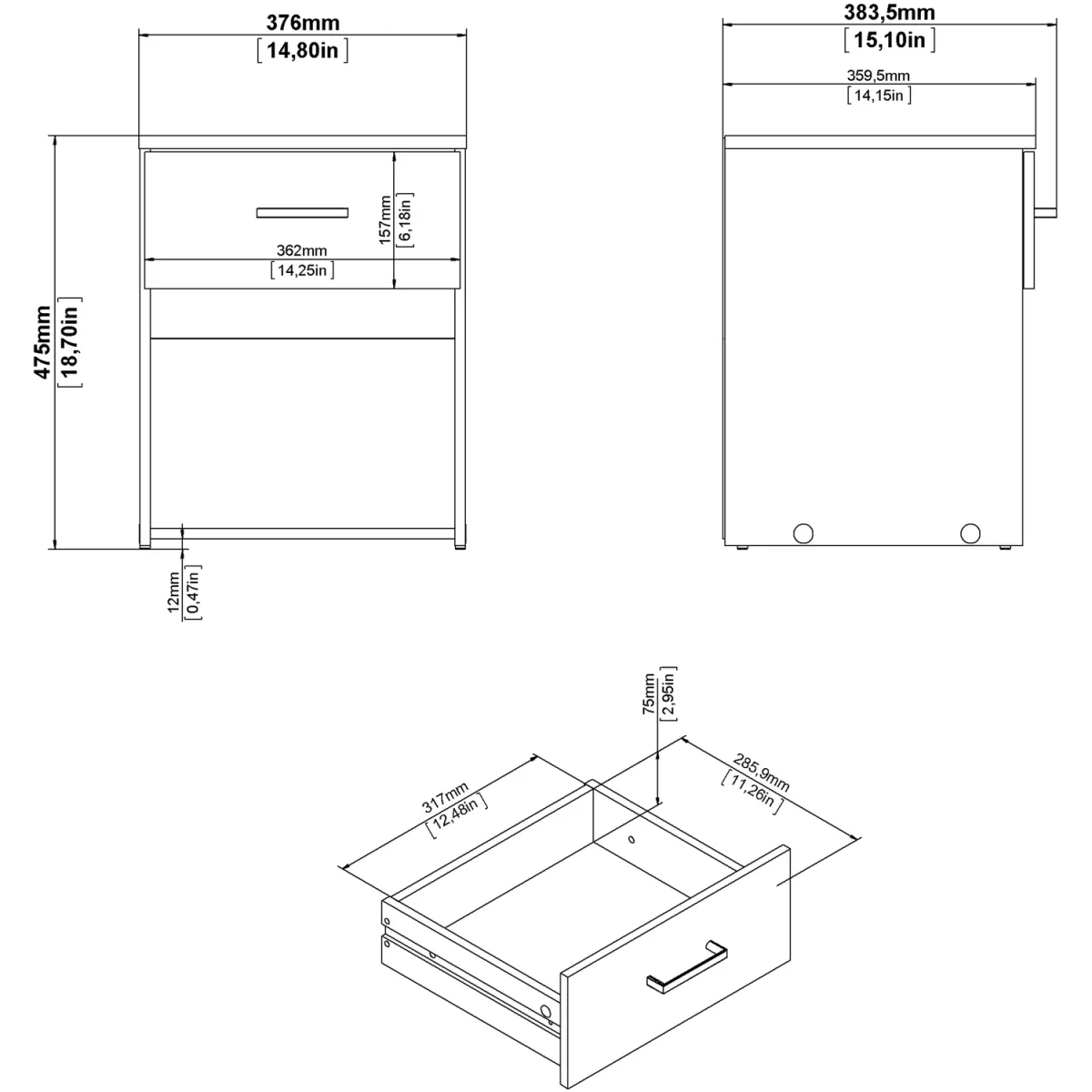 Space Package - Bedside, Chest & Wardrobe with 2 Doors in White - White – image 4