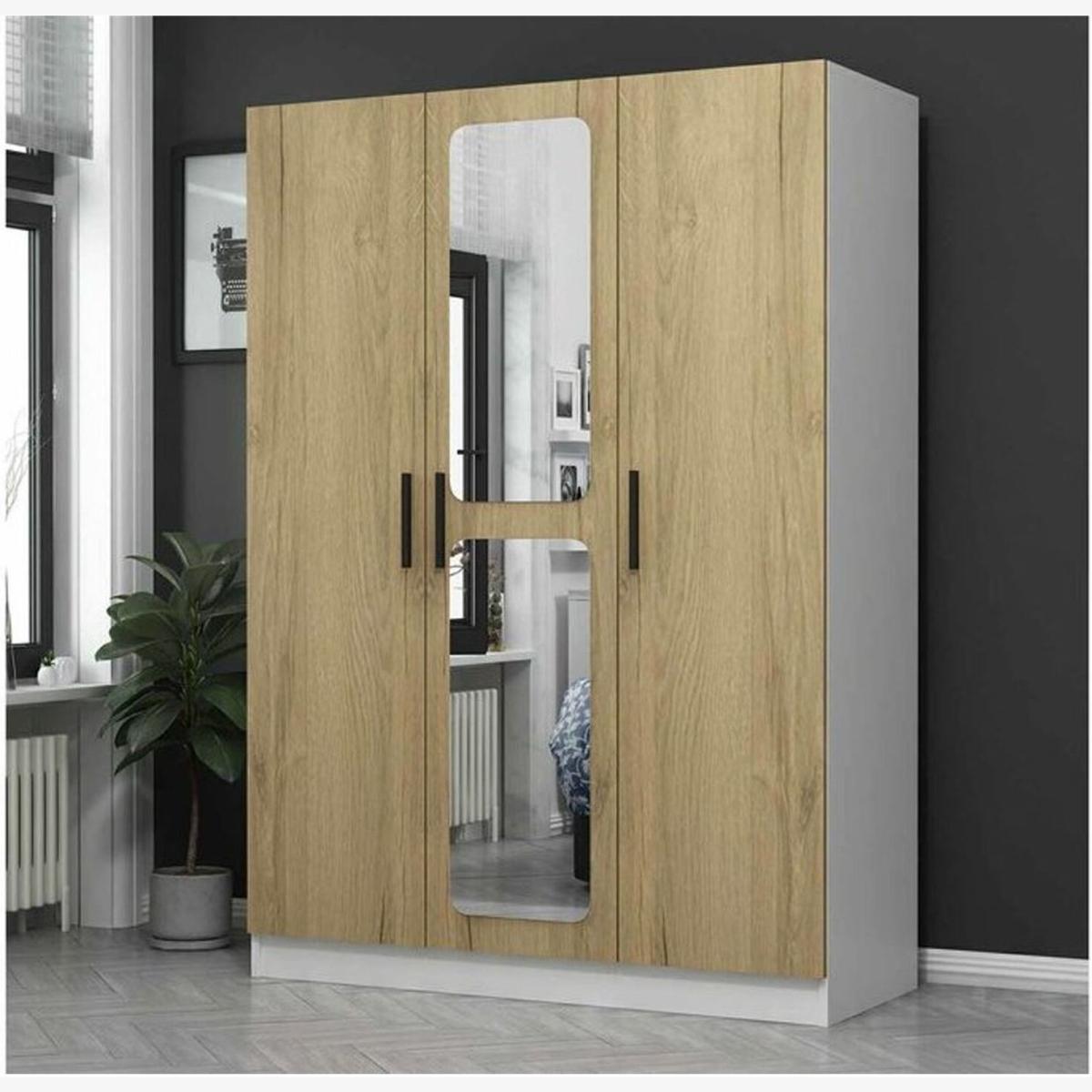 Kale 3 Doors and 2 Drawers Wardrobe with Mirror Pera Walnut - Walnut & White – image 1