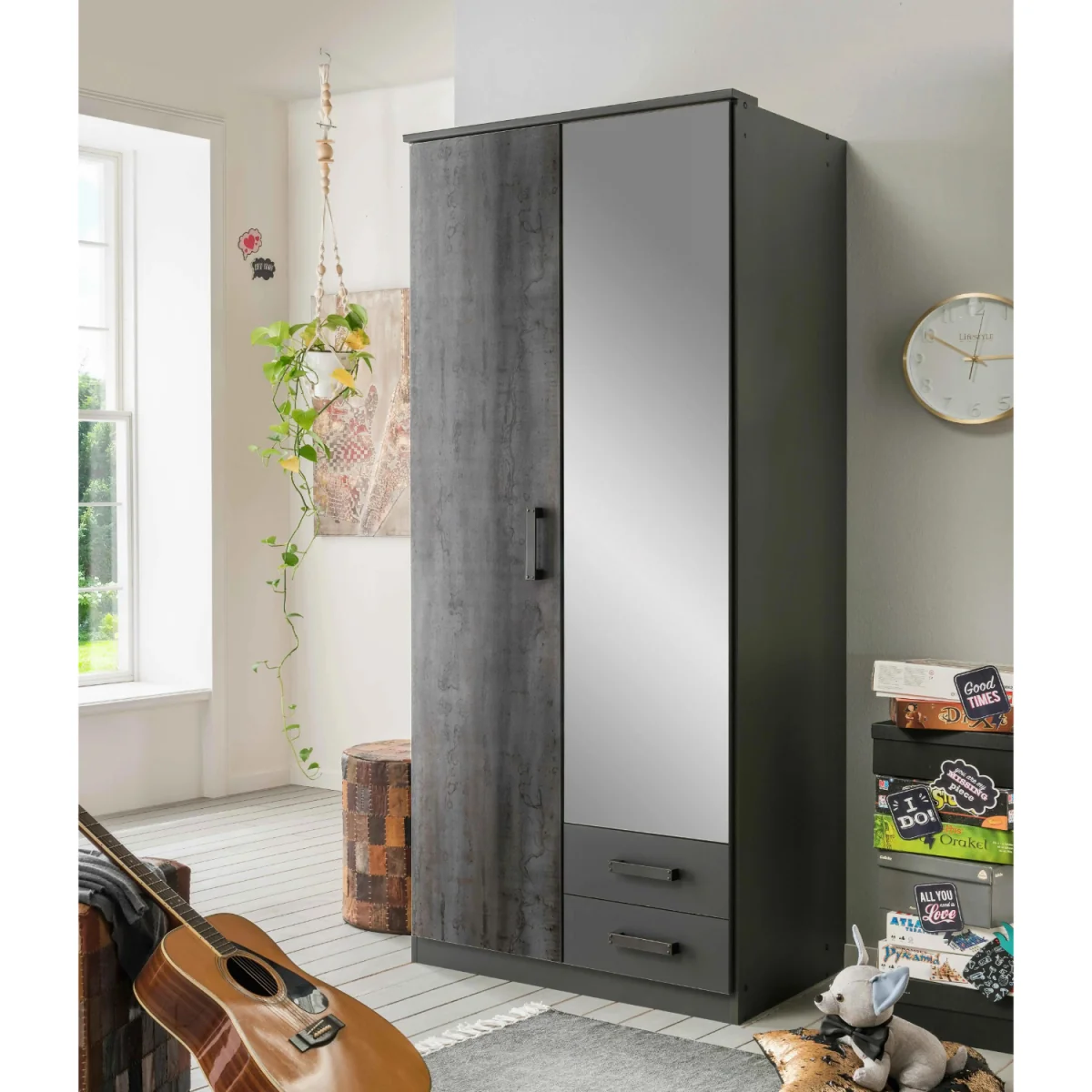 Duisberg Grey and Digi Steel 2 Door 90cm Wardrobe with Mirror - Grey – image 3