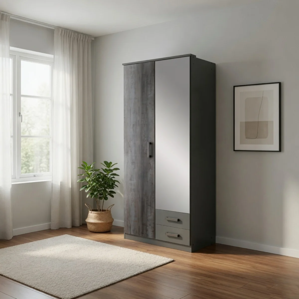 Duisberg Grey and Digi Steel 2 Door 90cm Wardrobe with Mirror - Grey – image 5