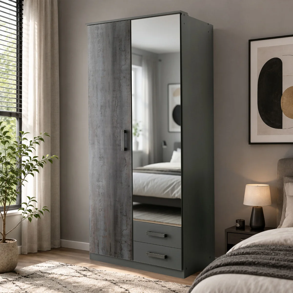 Duisberg Grey and Digi Steel 2 Door 90cm Wardrobe with Mirror - Grey – image 1