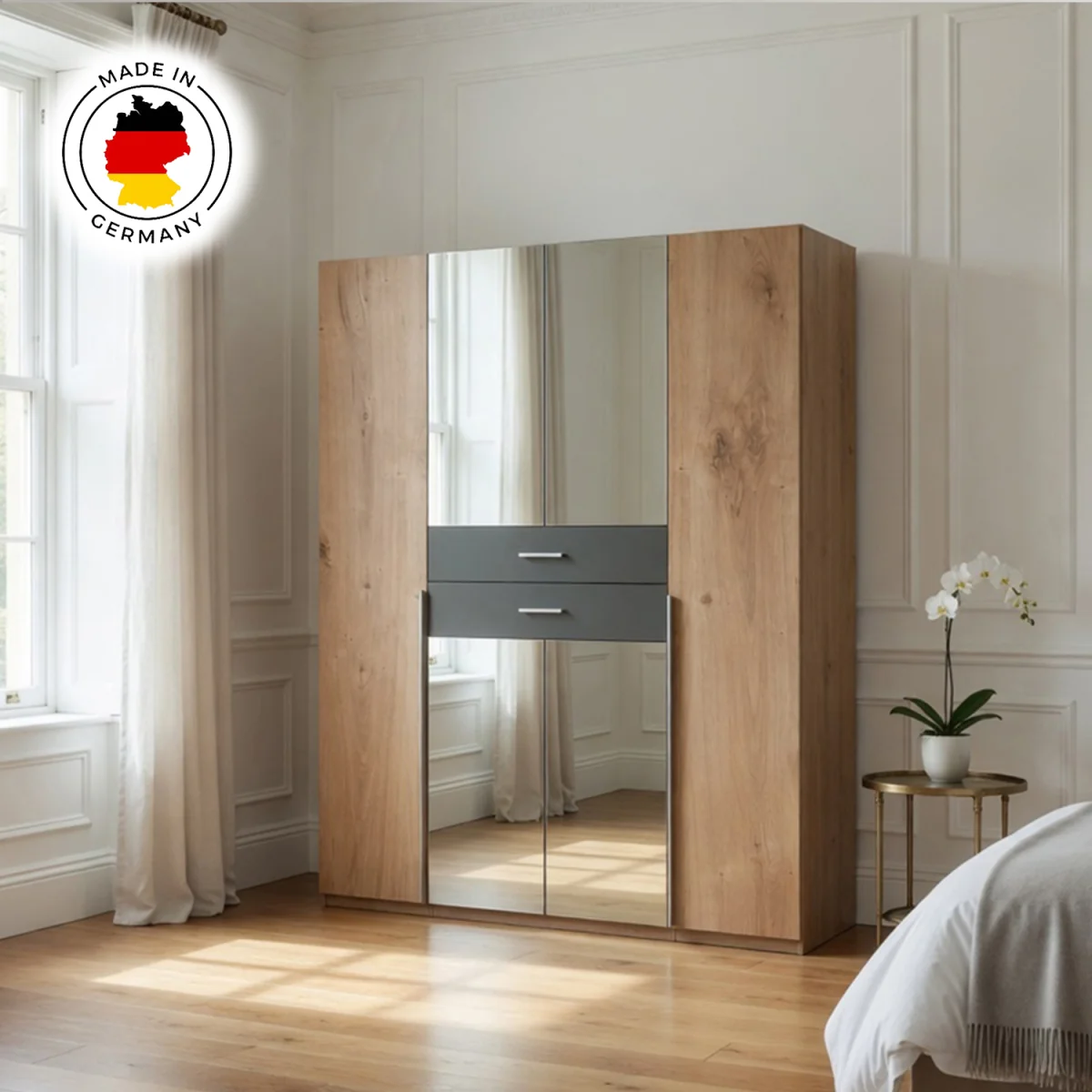 Denver Planked Oak and Graphite 4 Door 180cm Wardrobe with Mirror - Oak – image 2