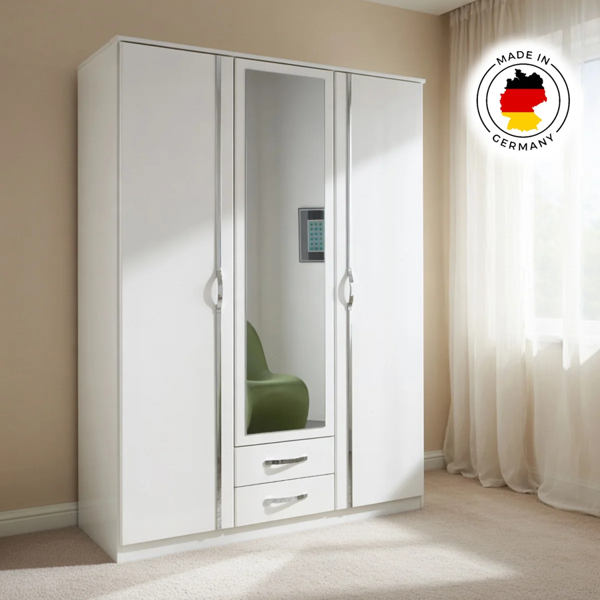 Duo 3 Doors Wardrobe with Mirrors and 2 Drawers - White – image 2