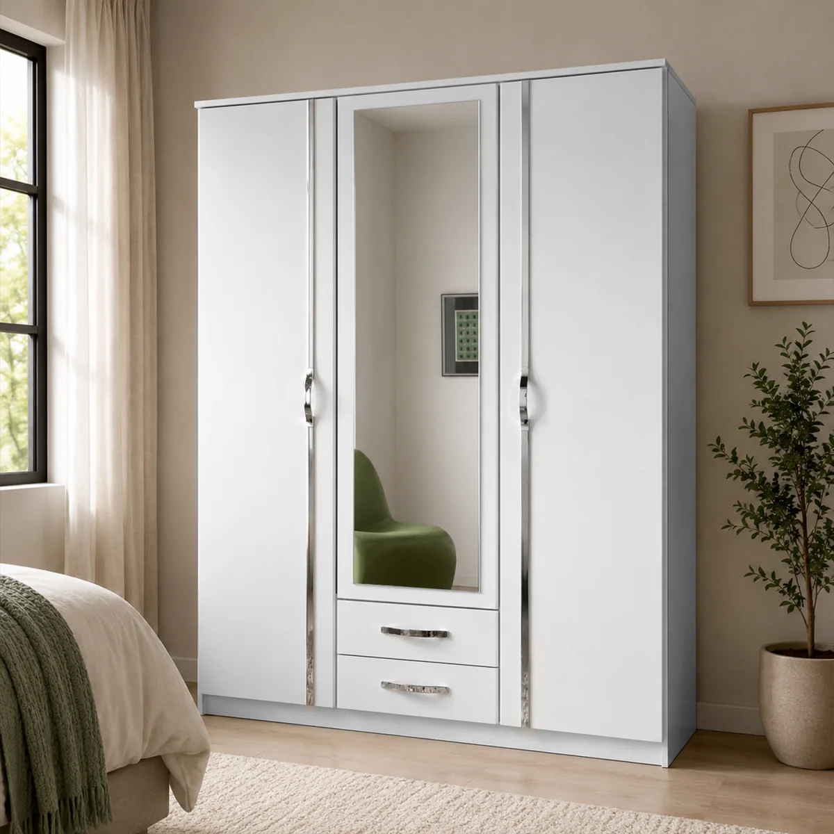 Duo 3 Doors Wardrobe with Mirrors and 2 Drawers - White – image 1