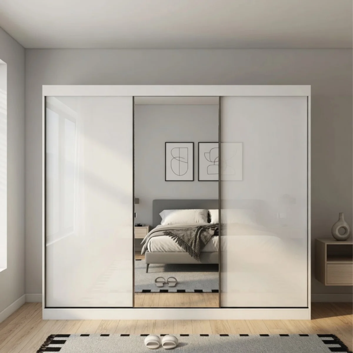 Pacific 250cm Gloss White Sliding Door Wardrobe with Mirror - White – image 3