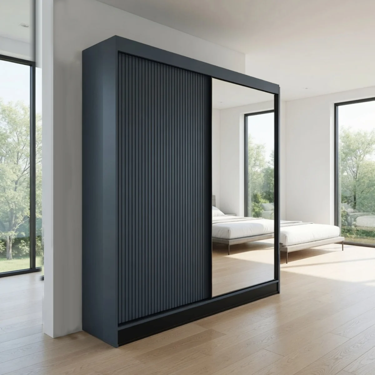 Berlin 200cm Dark Grey Sliding Door Wardrobe with Mirror Panel - Grey – image 2