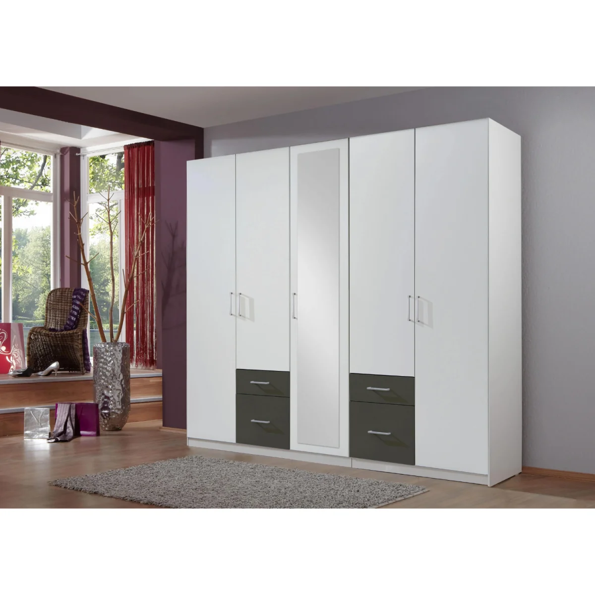 Freiburg White and Graphite 5 Door 225cm Wardrobe with Mirror - White – image 2