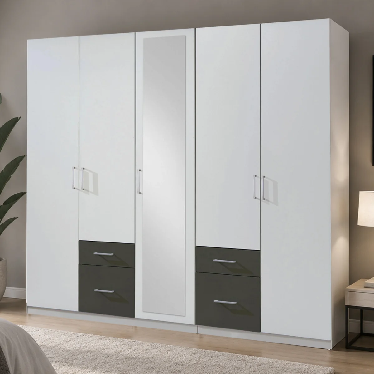 Freiburg White and Graphite 5 Door 225cm Wardrobe with Mirror - White – image 1