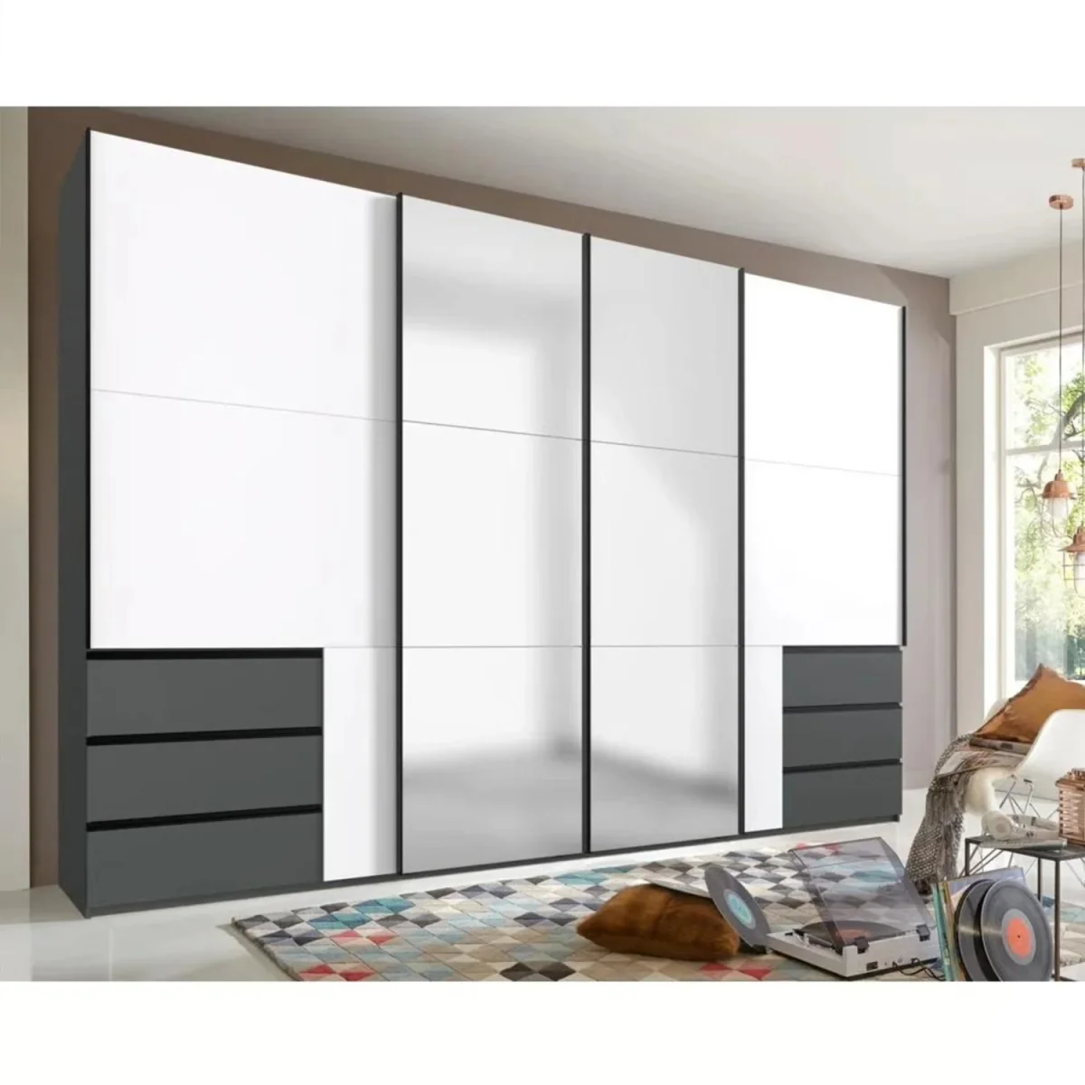 Level 300cm Mirrored Sliding Wardrobe in White and Graphite - White – image 2