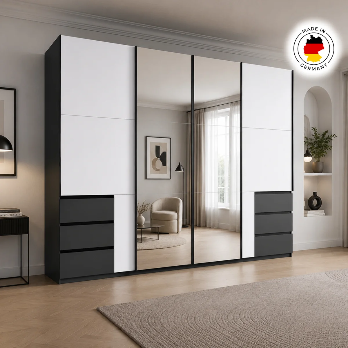 Level 300cm Mirrored Sliding Wardrobe in White and Graphite - White – image 3