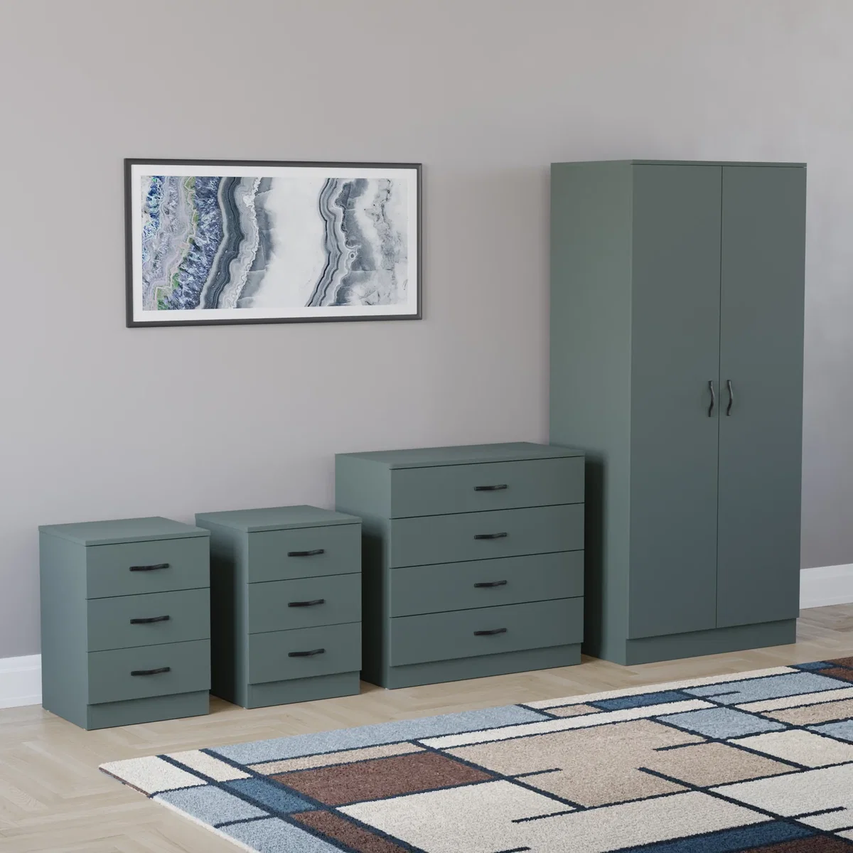 Vida Designs Riano 4 Piece Bedroom Set (3 Drawer Bedside Chest x2, 4 Drawer Chest, 2 Door Wardrobe) - Jasper Green / 3 Drawer Bedside Chest x2, 4 Draw