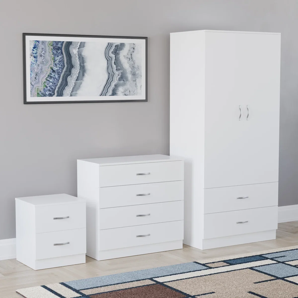 Vida Designs Riano Trio Bedroom Set - (Bedside, 4 Drawer Chest, Wardrobe) - White – image 1
