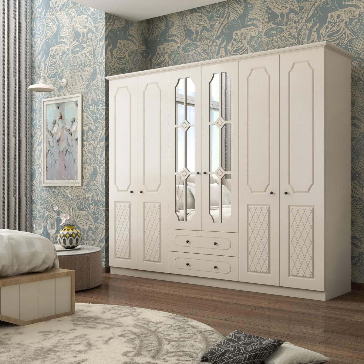 THEO 6 Door 2 Drawer Mirrored Wardrobe, White - White – image 2