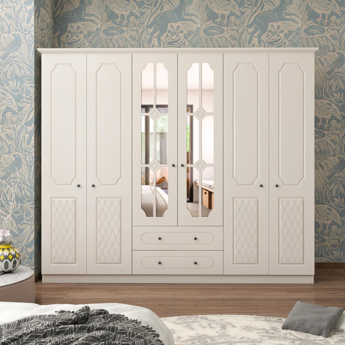 THEO 6 Door 2 Drawer Mirrored Wardrobe, White - White – image 3