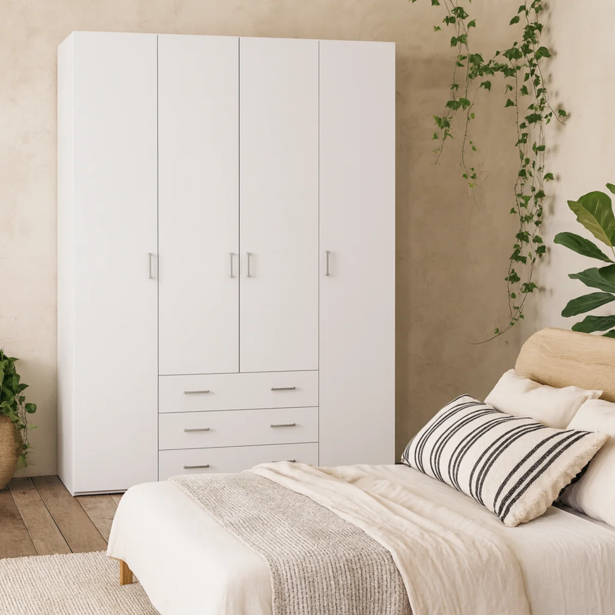 Munich 4-Door Matt White Wooden Wardrobe with 3 Drawers and 3 Shelves - White – image 2