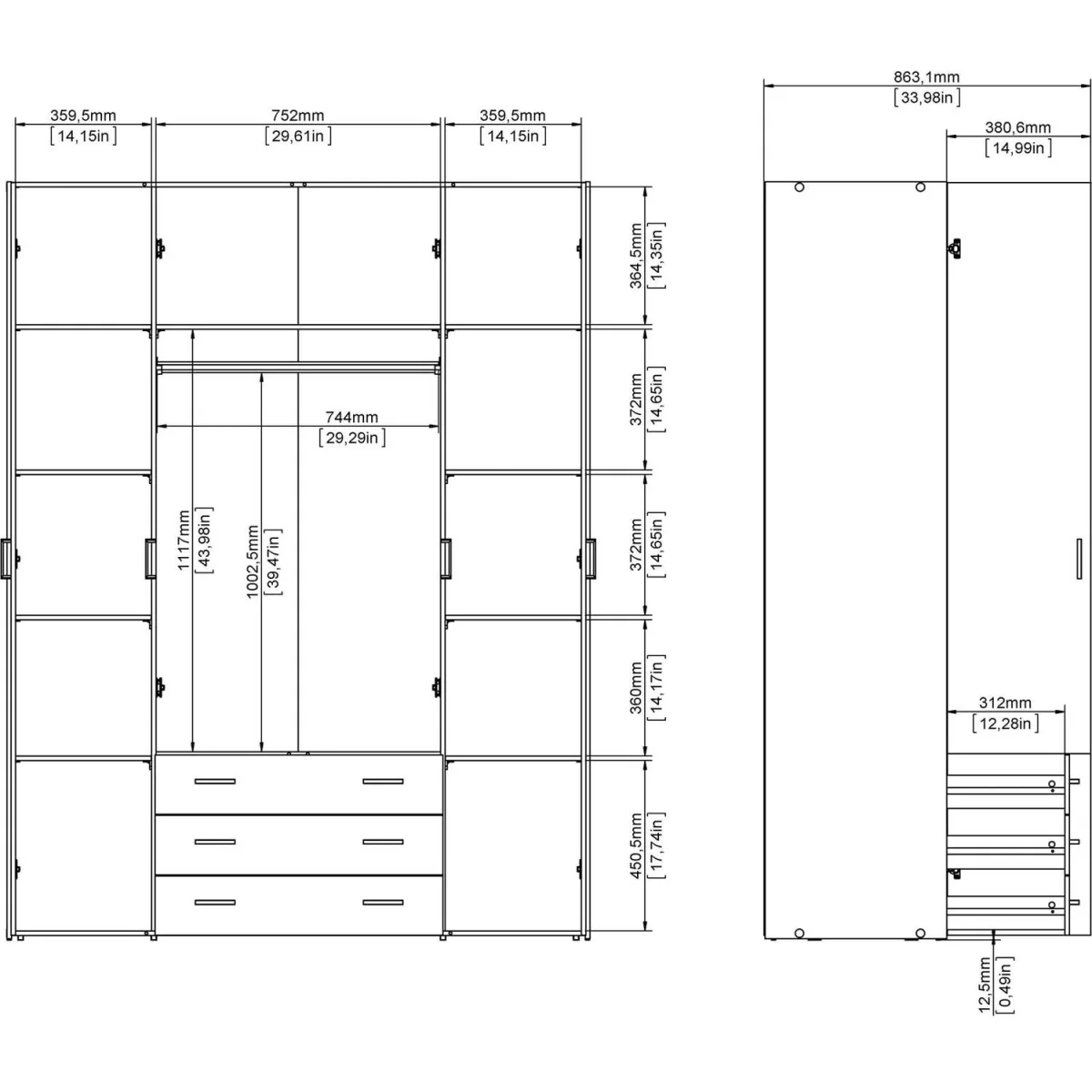 Munich 4-Door Matt White Wooden Wardrobe with 3 Drawers and 3 Shelves - White – image 8
