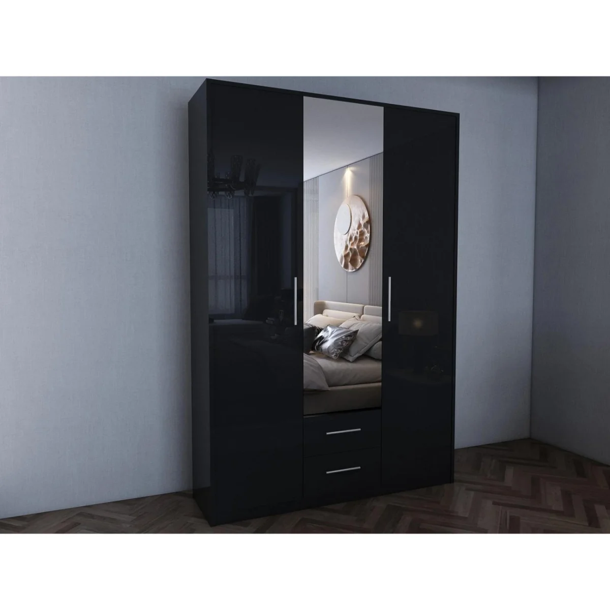 Swindon Gloss Black 3 Door 120cm Wardrobe with Mirror - Black – image 2