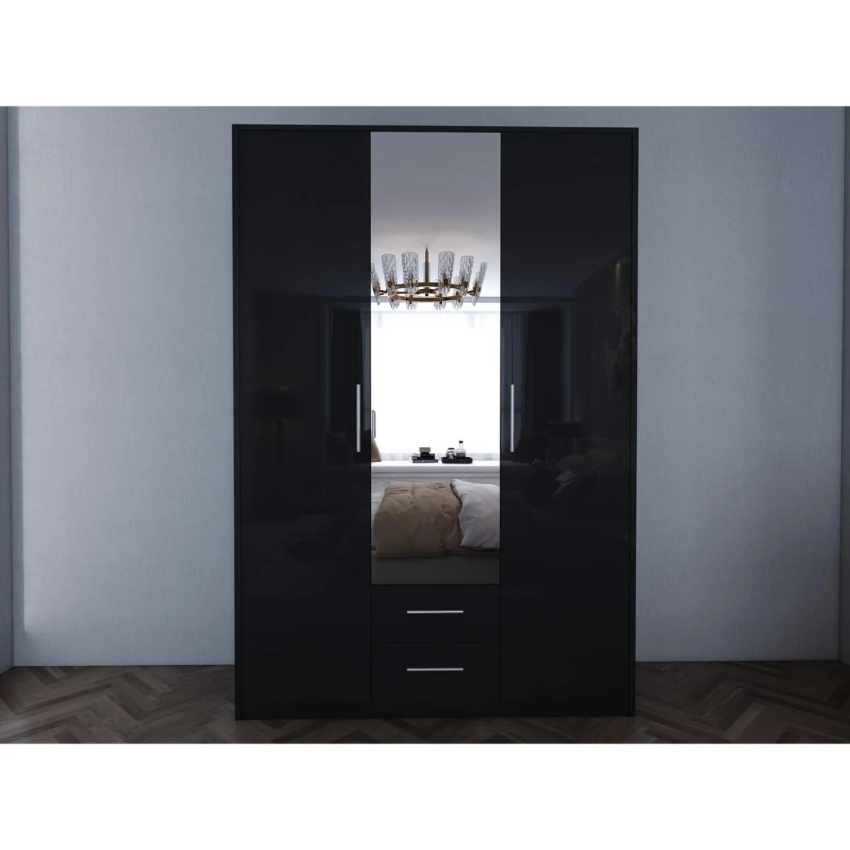 Swindon Gloss Black 3 Door 120cm Wardrobe with Mirror - Black – image 3
